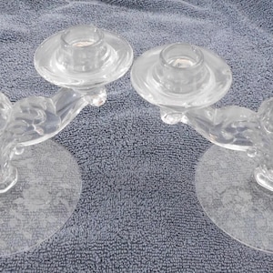 26-429 Vint 2 Arm 50's Heavy Thick Glass Candle Candleholders Etched Flower Base