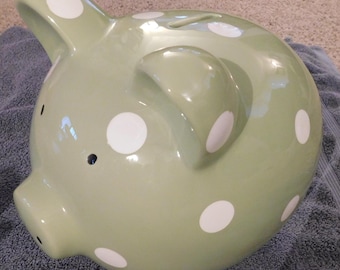26-853 Piggy Bank Ceramic Pig Large 9" x 8" Light Green Polka Dots with Stopper