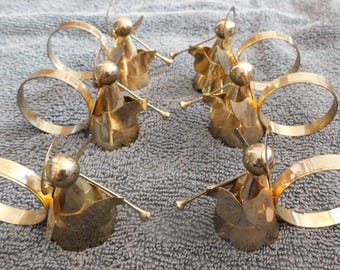 26-693 Vintage Lot 6 Angel Trumpeters Napkin Rings Brass Christmas Trumpets Horn