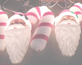 25-1121 5 Vintage Empire 10" Hanging Blow Molds Santa Claus Face Candy Canes Lights