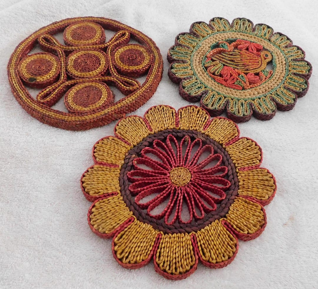 26-518 Vint Floral Boho Trivets Colorful Woven Wicker Straw Rattan ...