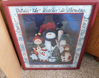 24-293 Vintage Retro HOMCO Home Interior Snowman Wall Picture Snowing Glowing Framed Matted Under Glass Snowmen