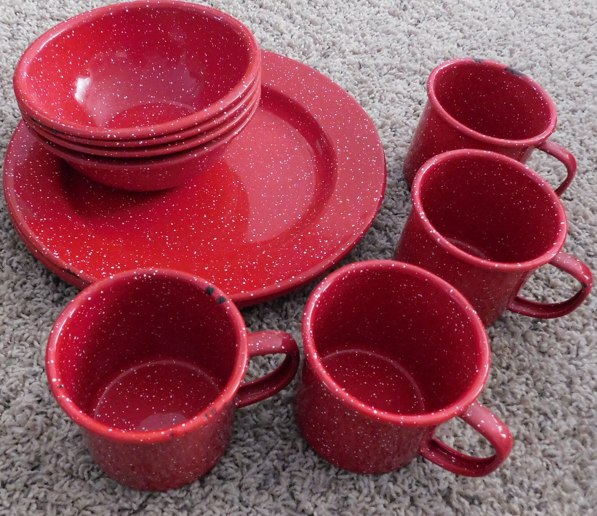 24-175 NOS 12 Piece Red Speckled Enamel Enamelware Coleman Camping