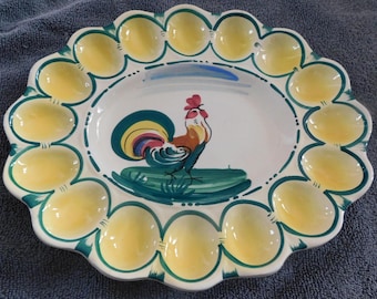26-638 VINT Italian Hand Painted Rooster Deviled Egg Plate Platter Italy Oval