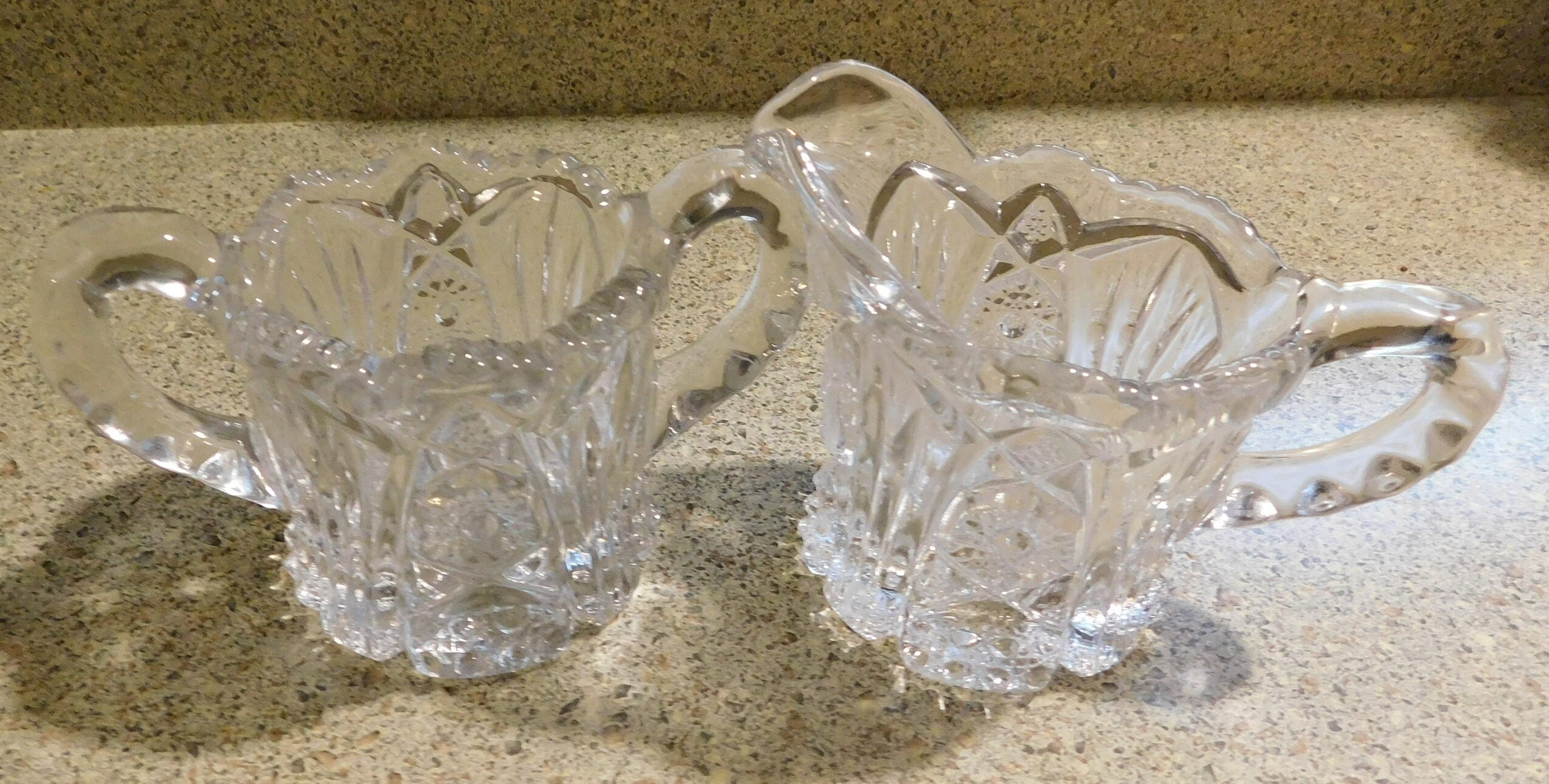 231477 Vintage Cut Glass Thick Crystal Creamer & Sugar Bowl 2 Handled