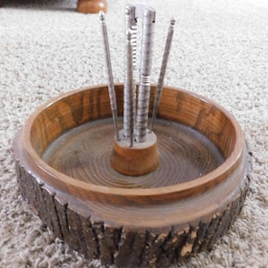 26-948 Wooden Nut Bowl Dish Edge Tree Bark 1 Nut Crackers 4 Metal Picks Rustic