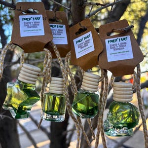 May include: Four hanging car air fresheners with green liquid inside glass bottles. Each bottle has a wooden cap and is attached to a brown tag with the text "FOREST FAIRY". The bottles are different shapes, including a star and a skull.