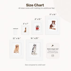 May include: Size chart showing framed dog portraits in various sizes, including 5" x 7", 8" x 10", 11" x 14", 12" x 16", and 16" x 20". The chart compares sizes to a credit card. Text reads "All sizes come with matting (no additional fee)".
