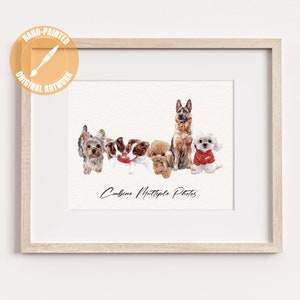May include: A framed watercolor print featuring a collection of dogs, including a Yorkshire Terrier, a Border Collie, a Poodle, a German Shepherd, and a Maltese. The artwork is hand-painted and includes the text "Combine Multiple Photos."