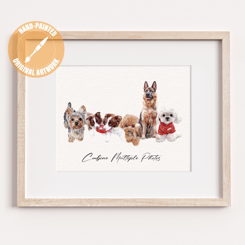 May include: A framed watercolor print featuring a collection of dogs, including a Yorkshire Terrier, a Border Collie, a Poodle, a German Shepherd, and a Maltese. The artwork is hand-painted and includes the text "Combine Multiple Photos."