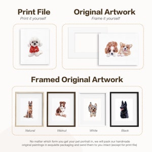 May include: The image showcases pet portraits in various formats: print file, original artwork, and framed original artwork. The framed options include natural, walnut, white, and black frames. The text reads "Print File", "Original Artwork", and "Framed Original Artwork".