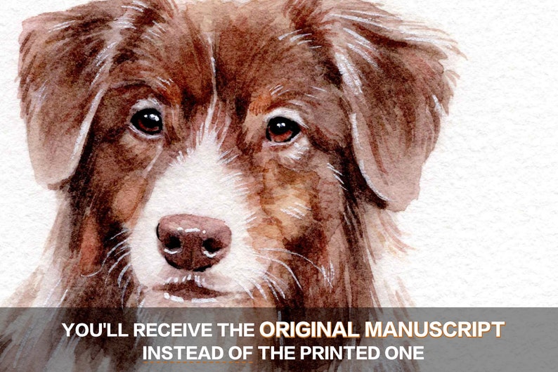 May include: Watercolor painting of a dog's face, featuring brown and white fur. The dog has dark eyes and a wet nose. Text at the bottom reads: "YOU'LL RECEIVE THE ORIGINAL MANUSCRIPT INSTEAD OF THE PRINTED ONE."