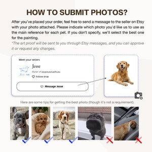 May include: Informational graphic with text "HOW TO SUBMIT PHOTOS?" and instructions for sending photos to the seller on Etsy for a custom pet portrait. Includes examples of acceptable and unacceptable photos, and seller information.