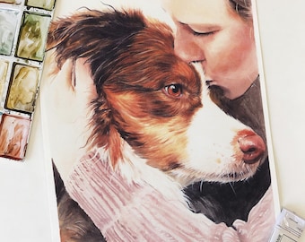 100% Hand Drawn Watercolor Portrait,Custom Painting from Photo,Watercolor Painting With Pet,Pet Memorial Gift,Anniversary Gift,Pet Loss Gift