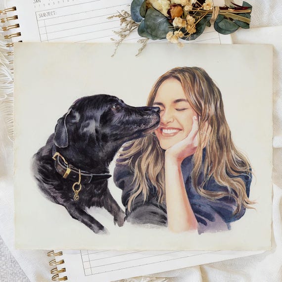 Custom Hand Drawn Portrait,Watercolor Painting from Photo,Couple Portrait With Pet,Pet Memorial Gift,Anniversary Gift,Pet Loss Gift