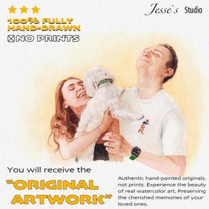 Portret rysowany ręcznie na zamówienie, Malarstwo akwarelowe ze zdjęcia, Portret pary ze zwierzakiem, Prezent na pamiątkę po zwierzaku, Prezent na rocznicę, Prezent z okazji utraty zwierzaka zdjęcie 2