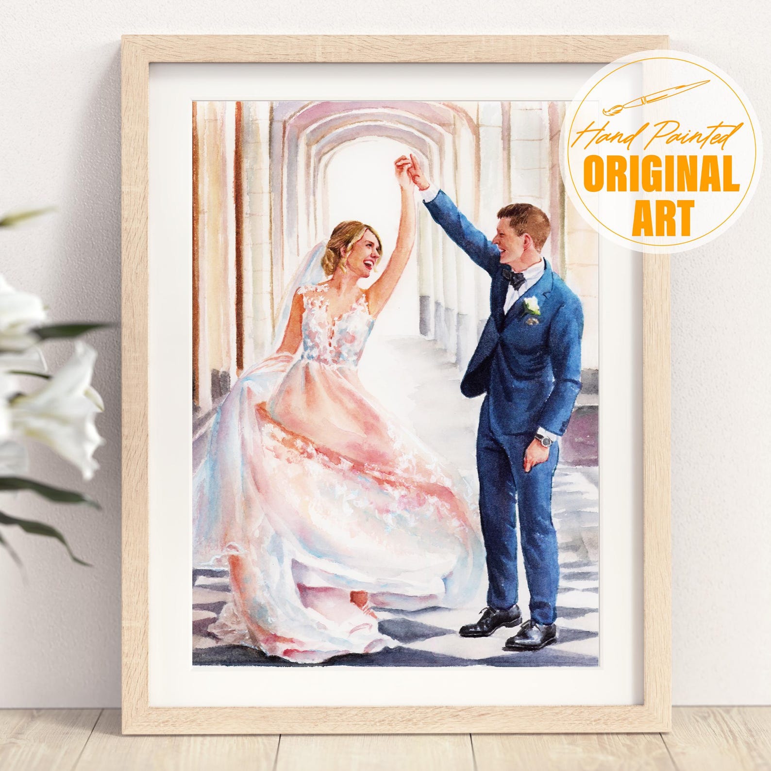 Watercolor Couple Portrait from Photo, Custom Wedding Anniversary Gift for Wife Husband Parents, Engagement Gift for Friend, Hand painted - 2+Background, 12X16''Walnut frame