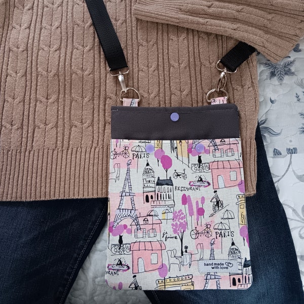 Paris Inspired Crossbody Bag: Ideal Cell Phone Carrier and Travel Companion. Great Gift. Handmade in the USA with Free Shipping.