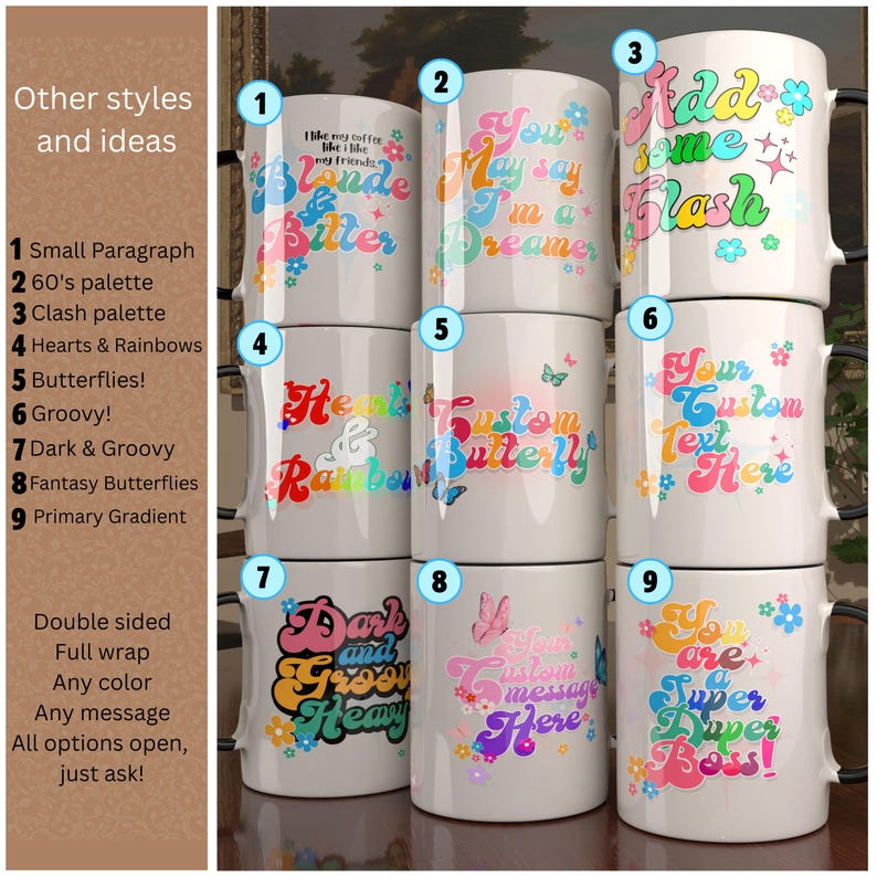 Custom Text Coffee Cup Gift, Personalized Tea Mug, Customize Your Own Text Groovy font, Hippie style, Personal Quote Phrase Coworker Gift image 9
