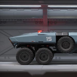 May include: A futuristic, grey-blue all-terrain vehicle with six large wheels and a trailer. The vehicle has the number "15" on its side and a red light on top. The vehicle is designed for rugged environments.