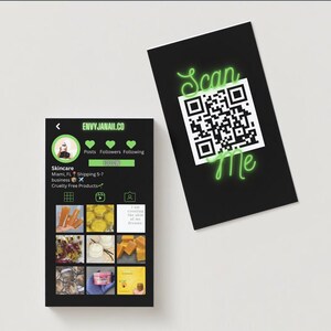 Neon Grüne Instagram Visitenkarte mit QR Code Template Design, IG Influencer Karten, digitale Karten für kleine Unternehmen, vorgefertigte Visitenkarten