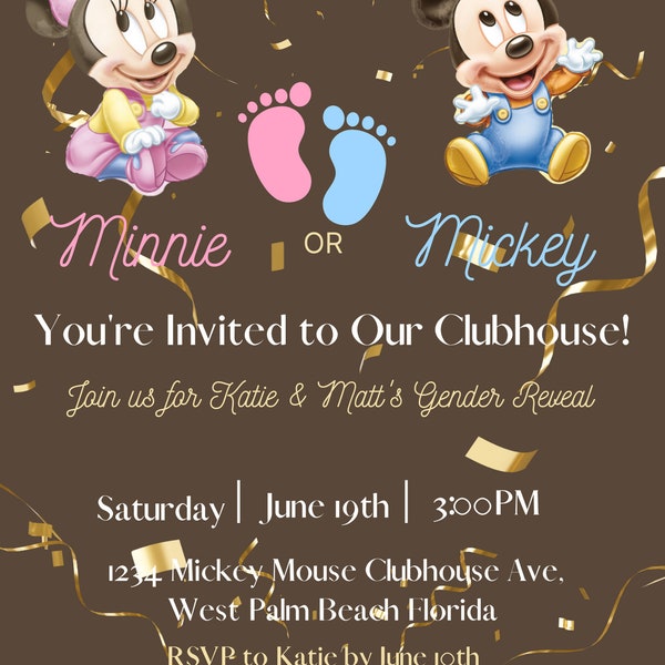 Minnie or Mickey Gender Reveal Invitation| Editable Template | Digital and Printable | Brown, Pink, Blue