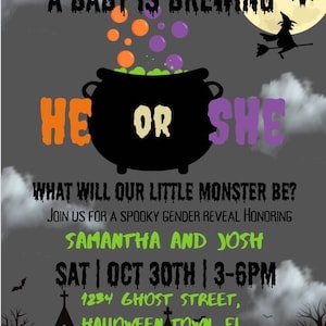 A Baby is Brewing Gender Reveal Party Invitation, He or She Digital Invite, Instant Editable Template, Halloween Cauldron Bats Purple Green