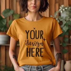 Bella & Canvas 3001 TShirt Mockup - Bella Canvas 3001 Shirt - Mustard Shirt Mockup, Bella Canvas Mockup, Mustard Tee Tatto Model Mockup