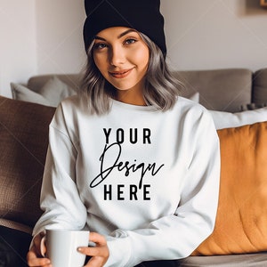 Gildan 18000 Sweatshirt Mockup - White Sweatshirt Mockup - Heavy Blend Sweatshirt - Model Mockup