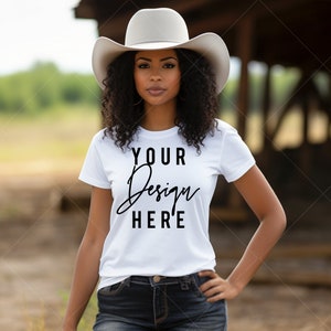 White Gildan 64000 Mockup | Western Shirt Model Mock up Gildan 64000 Shirt mockup | Black Shirt Mockup | African American Model Mockup |