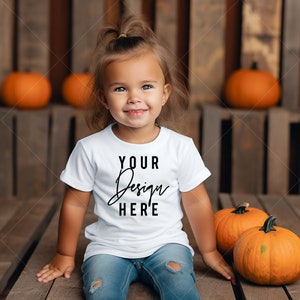 Lifestyle Toddler T-Shirt Mockup Baby Girl, RABBIT SKINS 3322 White Mockup with Model, White T-Shirt Cute Toddler Pumpkin patch Outside POD