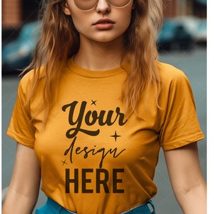 Bella & Canvas 3001 TShirt Mockup - Bella Canvas 3001 Shirt - Mustard Shirt Mockup, Bella Canvas Mockup, Mustard Tee Model Mockup