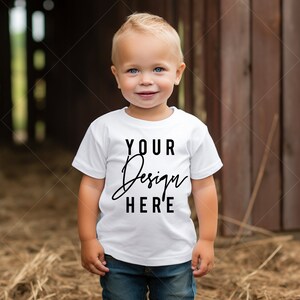 Lifestyle Toddler T-Shirt Mockup Baby Boy, RABBIT SKINS 3322 White Mockup with Model, White T-Shirt Cute Toddler Pumpkin patch Outside POD