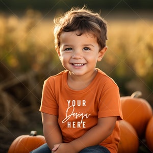 Cute Toddler T-Shirt Mockup Baby Boy, RABBIT SKINS 3322 Orange Mockup with Model, White T-Shirt Cute Toddler Pumpkin patch Outside POD