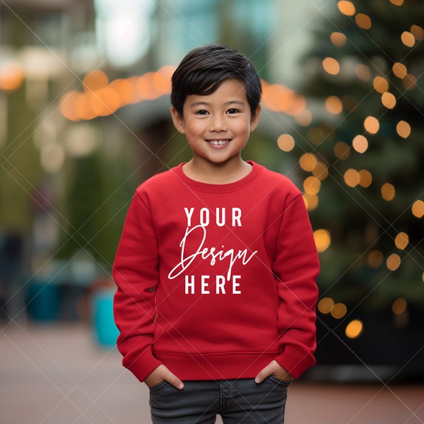 Winter Mockup Gildan 18000b Mockup Christmas Mockup Kids Red Sweatshirt Mockup Holiday Crewneck Sweater Asian Child Mock up