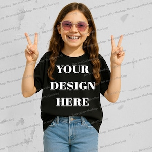 Bella Canvas 3001Y Black Youth Tshirt Mockup, Girl&#39;s Tee Modeled Mock-Up, Bella Canvas kids T-Shirt Mockup, BC 3001Y Trendy Mockup