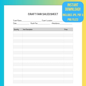 Craft Fair Sales Sheet for Artists, Crafters, Makers, and Vendors.