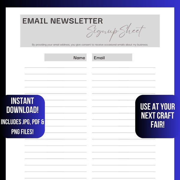 Email Newsletter Signup Sheet for Art Fairs, Craft Fair, Makers Markets, Pop Ups, and Vendors Fairs