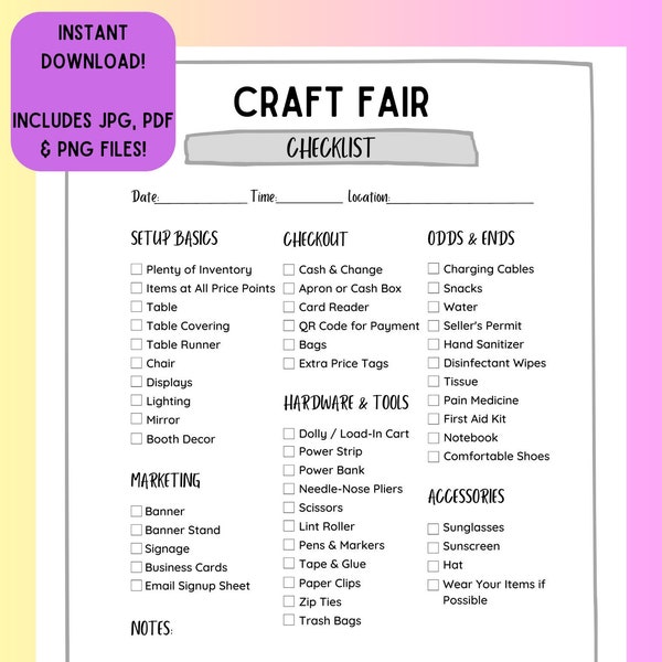 Checklist for Craft Fairs, Craft Shows, Craft Markets, Makers Markets, Art Fairs, and Vendor Fairs.