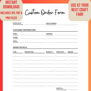 Puede incluir: Un formulario de pedido personalizado imprimible en blanco y negro con el texto "Custom Order Form" en la parte superior. El formulario incluye secciones para la fecha del pedido, el número de pedido, la información del cliente, los detalles del pedido, el método de pago, el método de envío, la fecha de envío estimada y las notas.