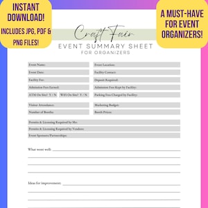 Craft Fair Event Summary Sheet for Organizers