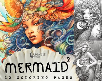 Sirena, Vol 2: Páginas para colorear de sirenas y sirenas de mar / 10 imágenes / Regular y ligero / Descarga instantánea en PDF - Imprime