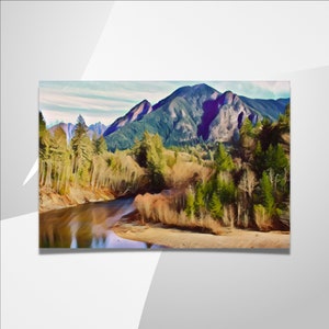 May include: A painting of a mountain range with a river flowing through the valley. The mountains are a deep purple color, and the river is a light blue. The trees are a mix of green and brown.