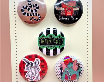 Beetlejuice 5 Pinback Button Set 32mm (1.25in), Pins, Gift, Backpack, Lanyard, Party Favor, Hat Pin Badges, Miss Argentina, Sandworm