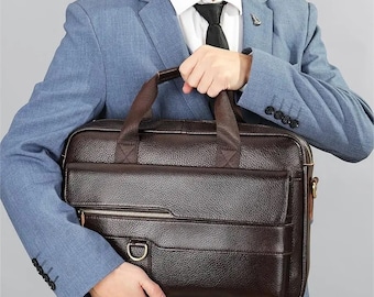Genuine Leather Laptop Bag Office Briefcase Men's Travel Bag Easy Carry-on Hand Luggage
