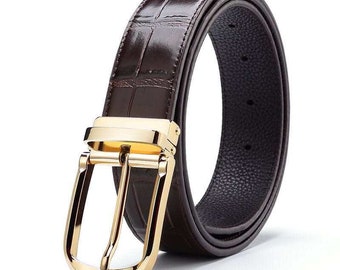 Genuine Leather Embossed Classic Belt For Men Brown Leather and Gold Buckle 115 cm Length