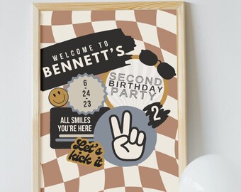 Second Birthday Sign, Two Rad Birthday Theme Sign, Instant Download, Editable Printable Sign, Customizable Checkered Birthday Poster