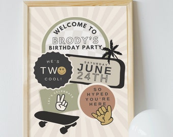 Second Birthday Welcome Sign, Two Cool Birthday Theme Sign, Instant Download, Editable Printable Sign, Customizable Retro Birthday Poster