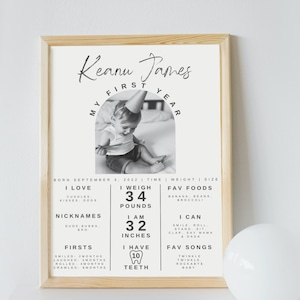 Signo de hito del primer año, signo de hechos del primer cumpleaños, signo neutral, descarga instantánea, signo imprimible editable, cartel de cumpleaños personalizable