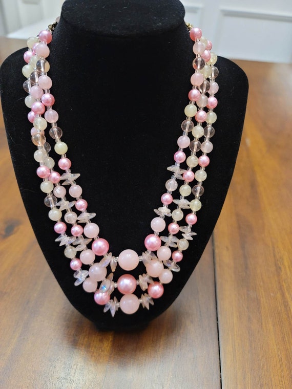 Pink Beads 3 Strand 1950s Graduated Necklace Japan